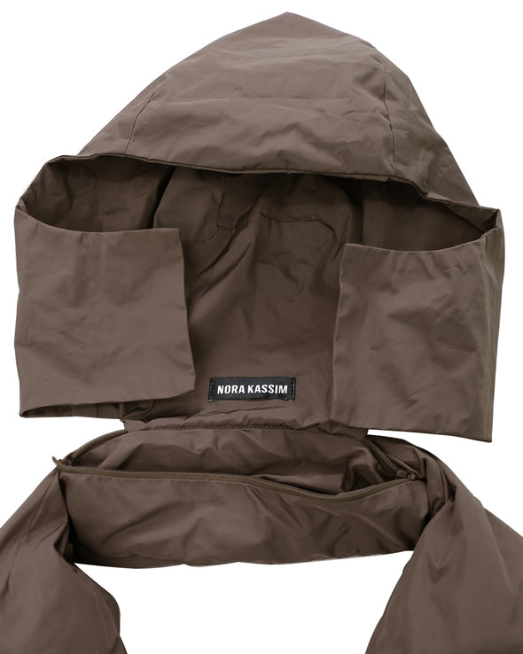 PUFFED VEST WITH PACKABLE HOOD AND HIDDEN POCKETS (DARK BROWN)