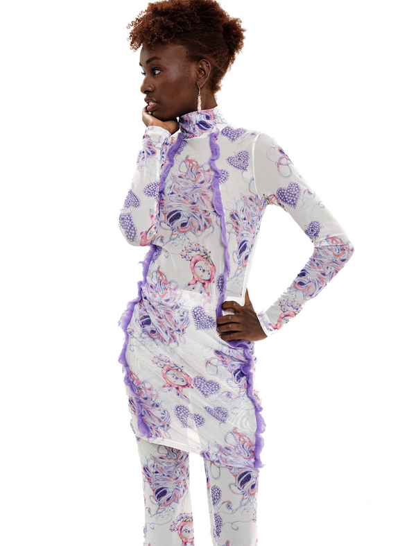 THREADS MONSTER MESH PRINTED TROUSERS (WHITE/PURPLE) ILLUSTRATED BY EMA GASPAR