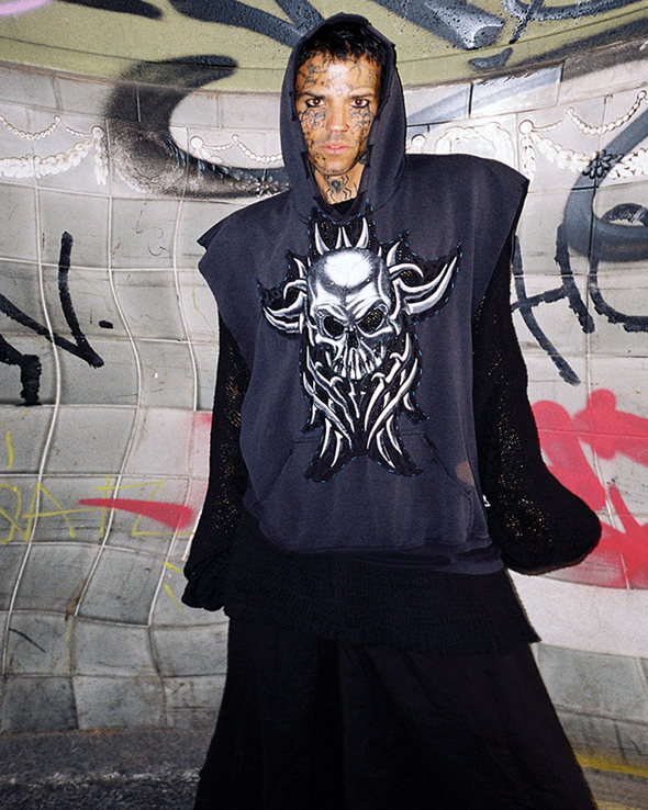 SKULL NO SLEEVE HOODIE 1 (BLACK) RADD LOUNGE 限定