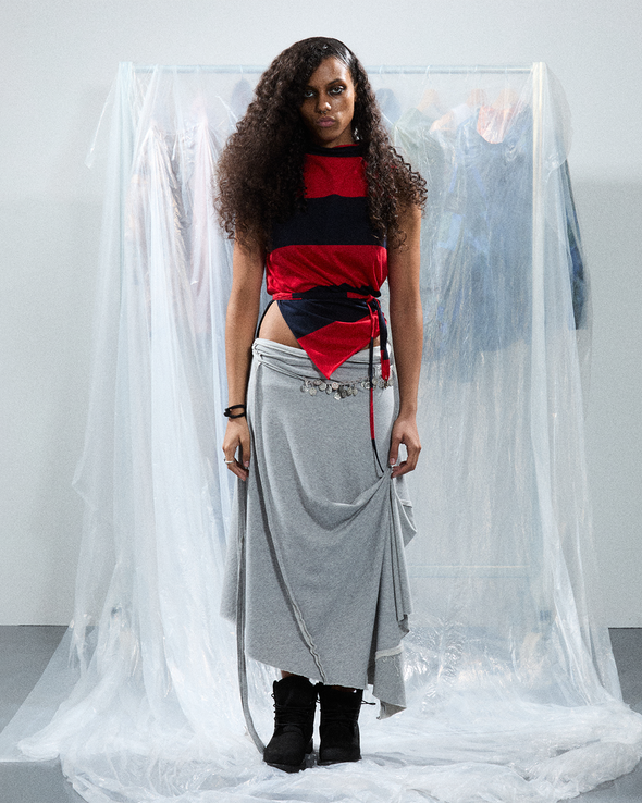DRAPED MAXI SKIRT IN JERSEY LOOPBACK WITH CORD (GREY)