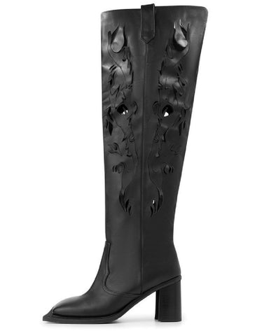 SQUARE TOE KNEE HIGH BOOTS (BLACK LEATHER)