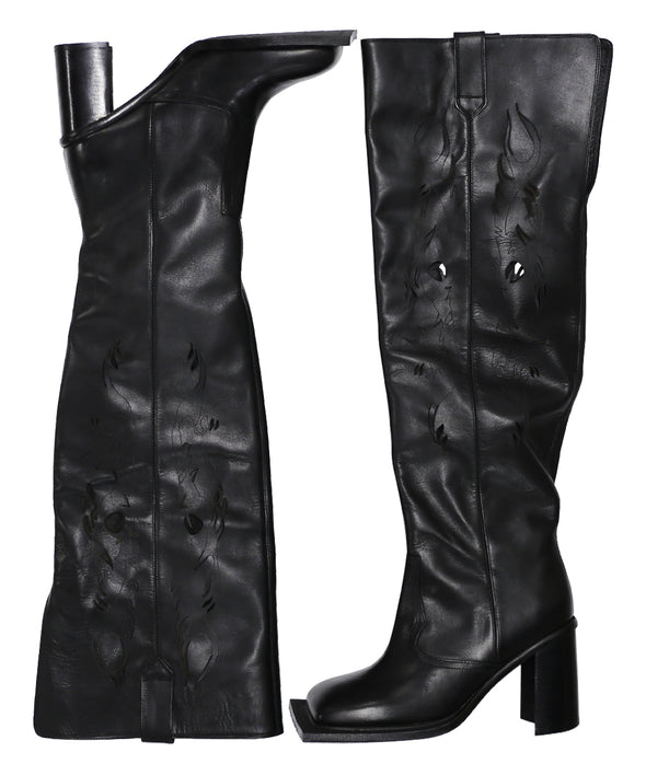 SQUARE TOE KNEE HIGH BOOTS (BLACK LEATHER)