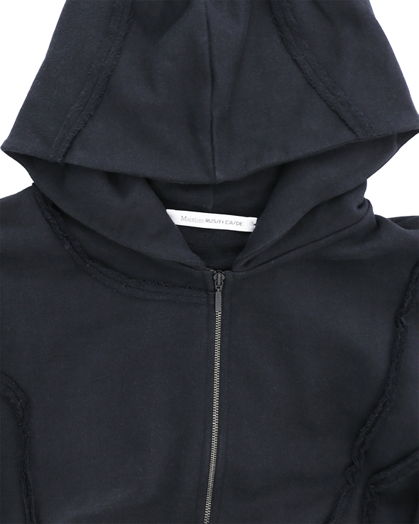 WHITE ZIP UP HOODIE WITH FRAYING DETAIL (DUSKY BLACK)